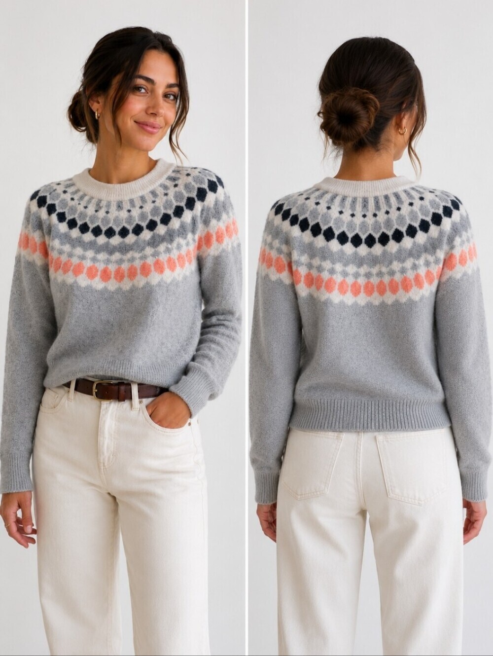 Club Monaco Fair Isle Sweater XS Petite Nordic Icelandic Wool Blend Gray Pink